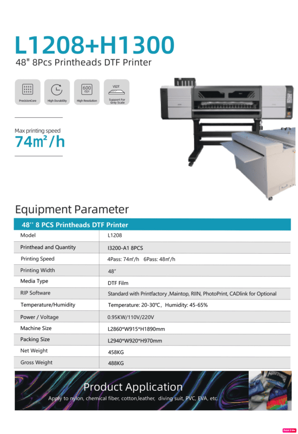 L1208 + H1300  48" 8pcs Printheads DTF Printer